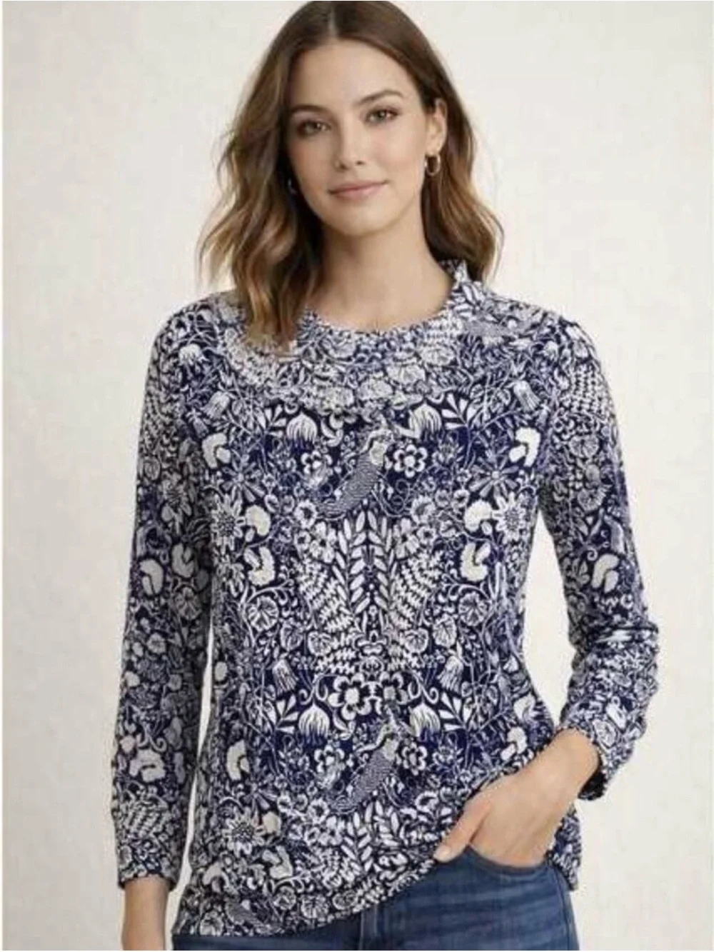 J. Crew Ruffle Tippi Sweater Women’s XS Merino Wool Mermaid Floral Print Sweater
